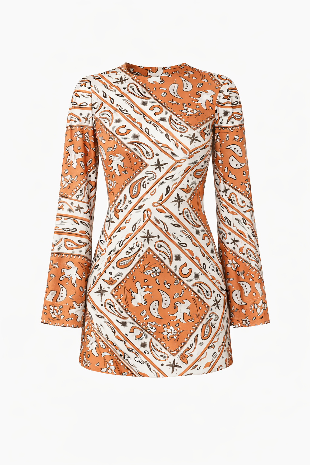Orange and white patterned dress on a white background