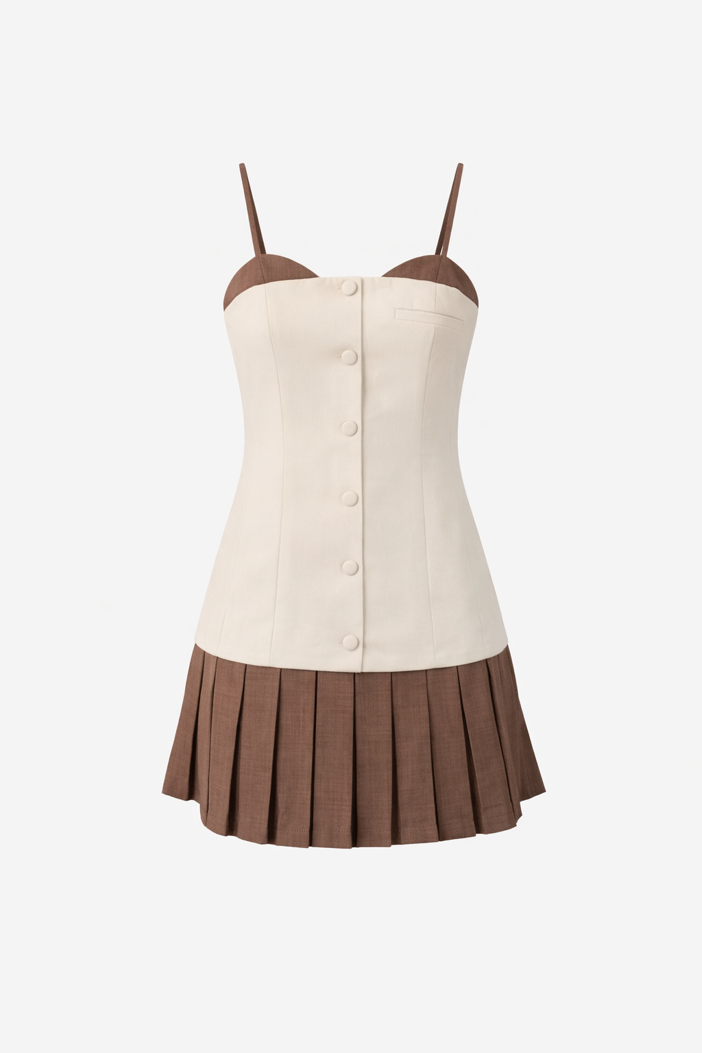 White top with brown pleated skirt on a white background