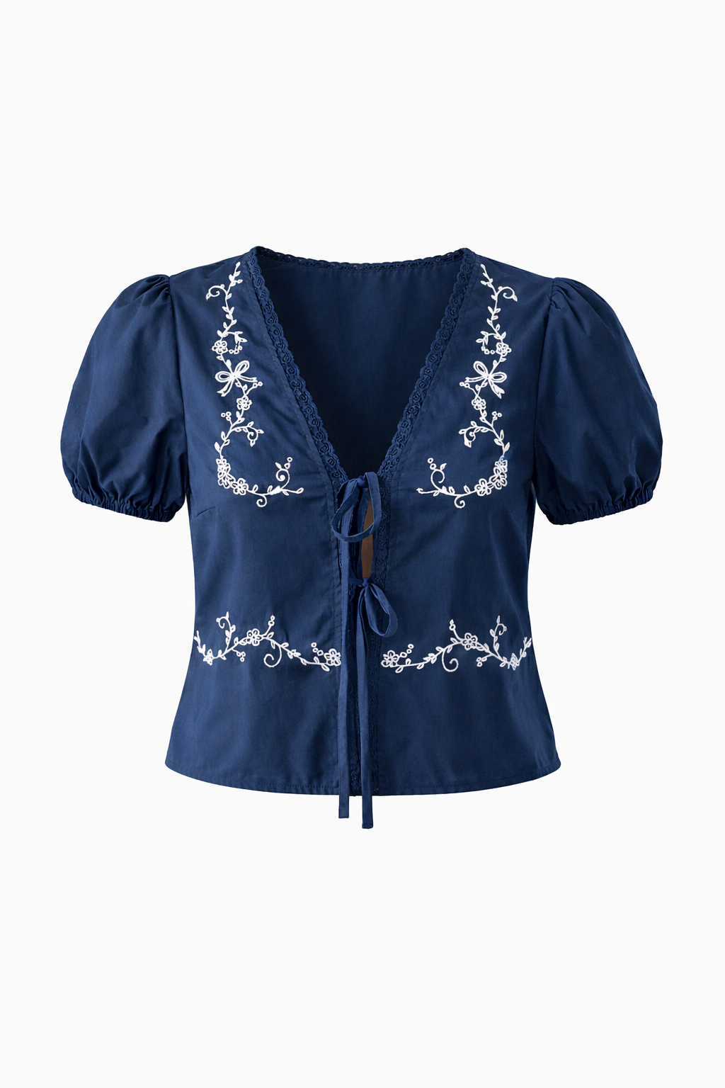 Navy blue blouse with white embroidery on a white background