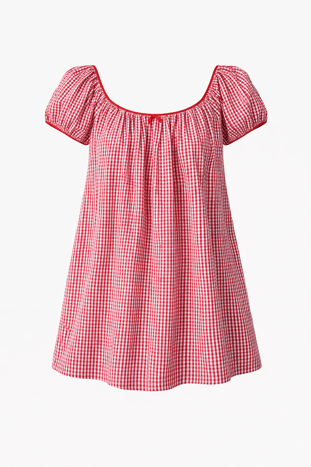 Red and white checkered dress with puff sleeves on a white background