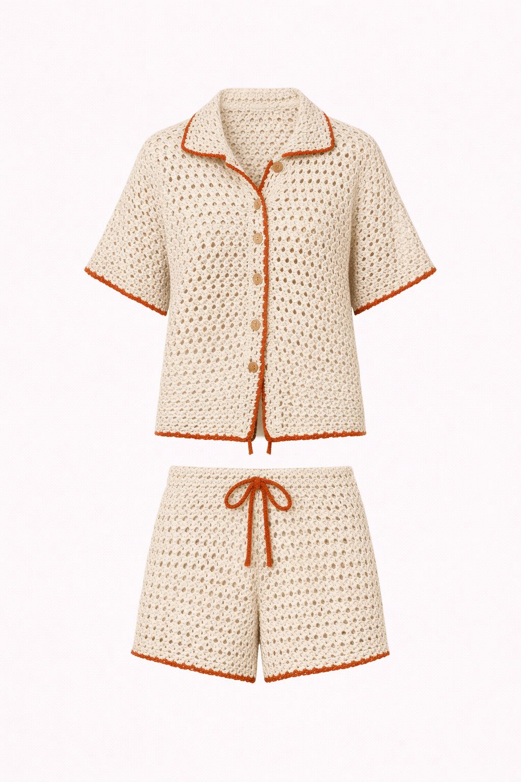 Crocheted pajama set with buttons and drawstring shorts on a white background