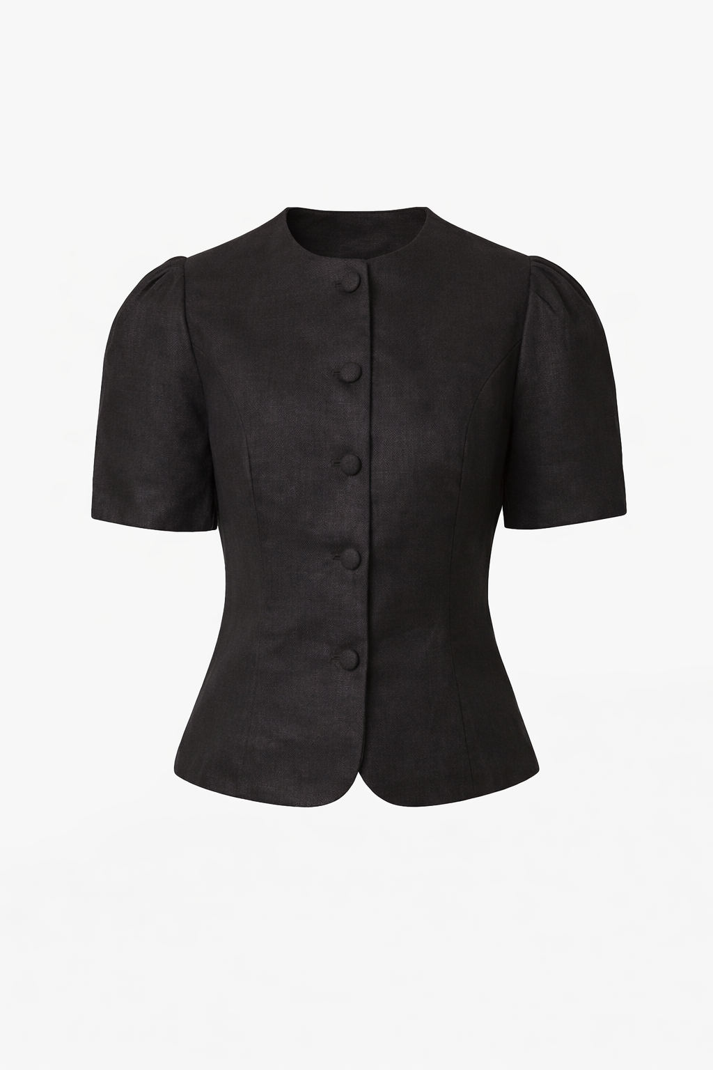 Black short-sleeve jacket with button details on a white background