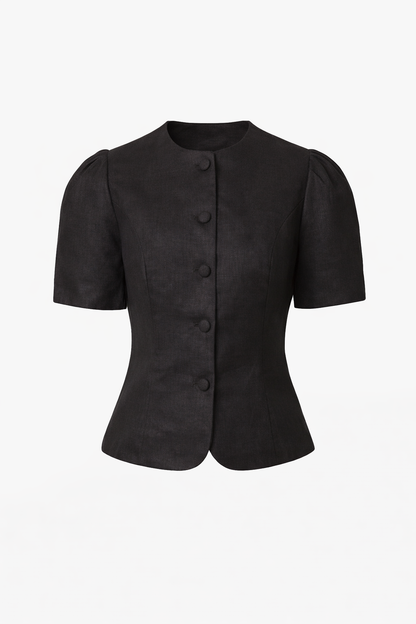 Black short-sleeve jacket with button details on a white background
